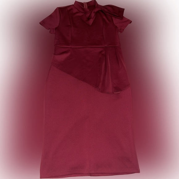 LAGSHIAN Bodycon Short Sleeve Bow Club Ruffle Pencil Party Dress- wine red- XL - Picture 6 of 10